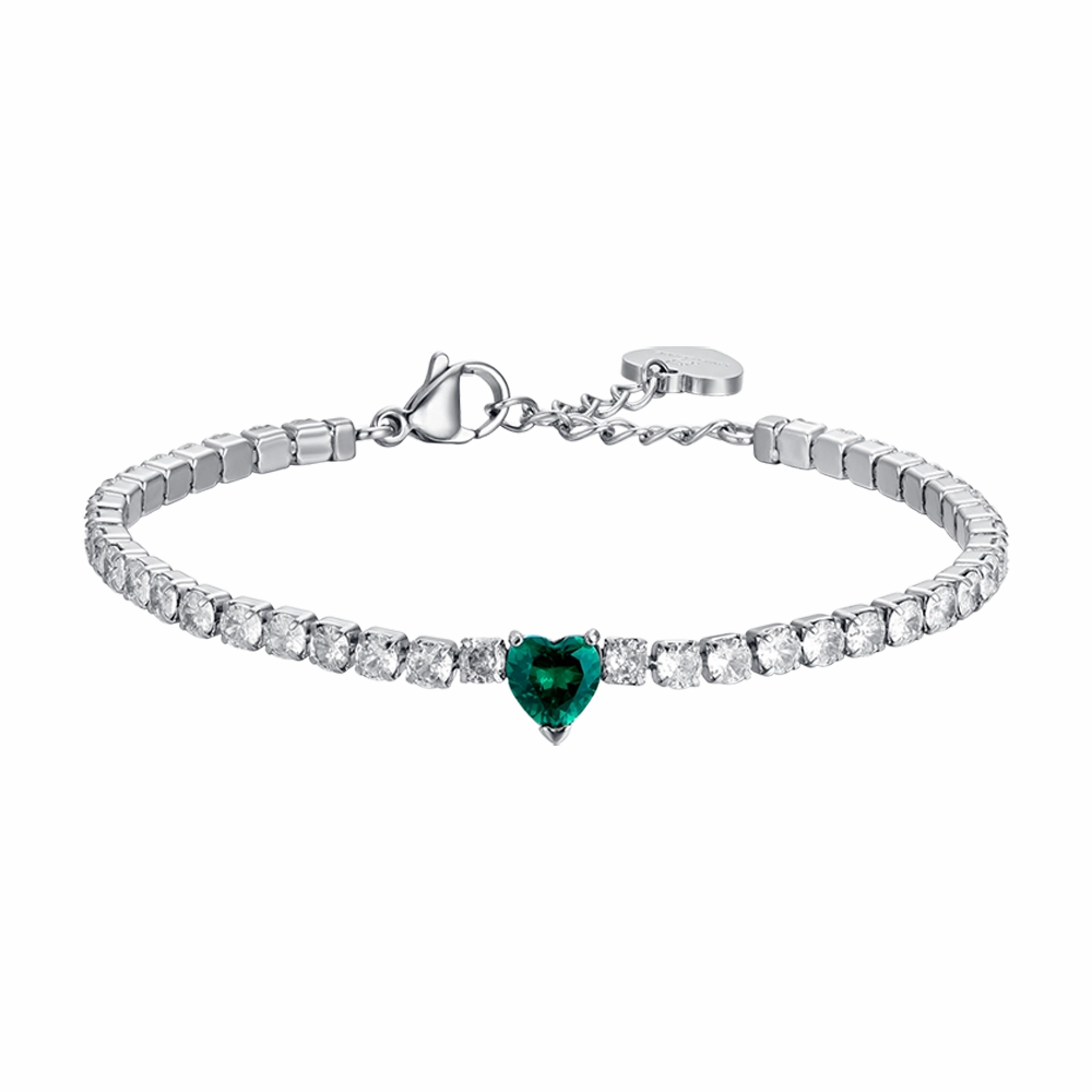 Luca Barra Ladies Tennis Bracelet with White Crystals and Green Heart Crystal fashion-jewelry  