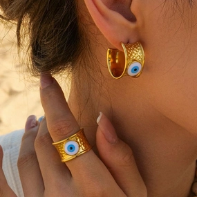 Luxury 18K Gold-Plated Devil's Eye Hammer Grain Earrings - Waterproof Stainless Steel 