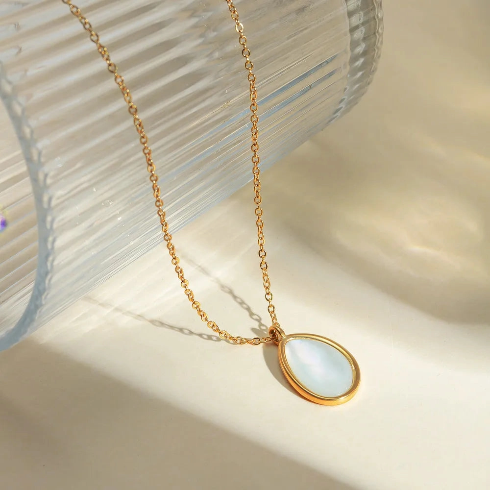 Luxury Opal Inlaid Stainless Steel Drop Pendant Necklace 