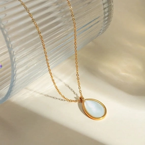 Luxury Opal Inlaid Stainless Steel Drop Pendant Necklace 