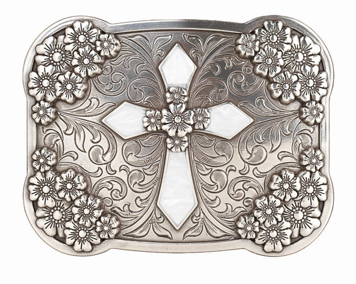 M&F Western Cross Floral Belt Buckle texture-rose-gold  