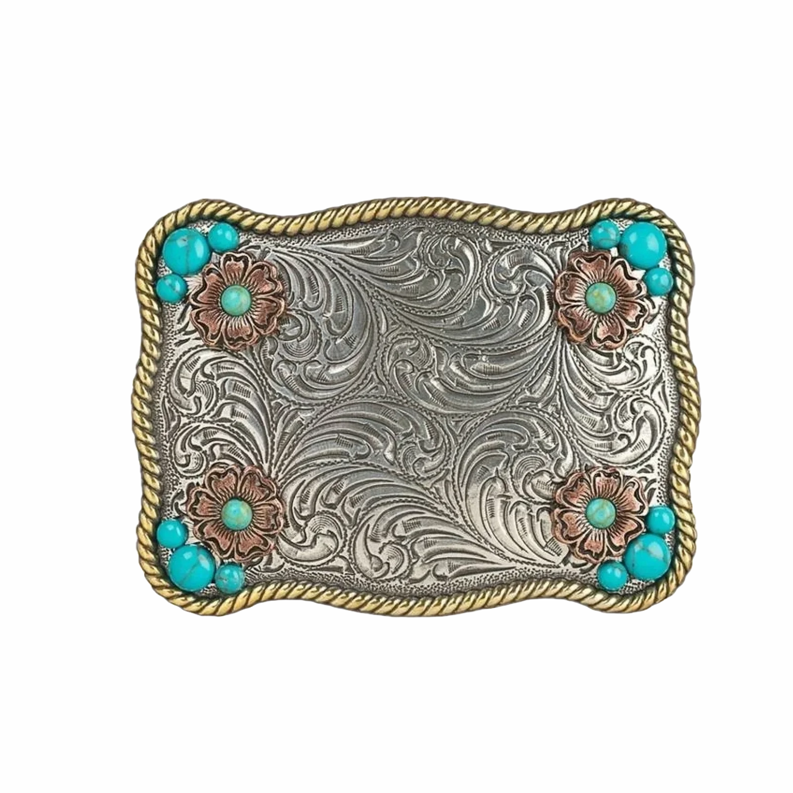 M&F Western Flower Accent & Turquoise Stones Belt Buckle texture-rose-gold  