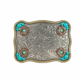 M&F Western Flower Accent & Turquoise Stones Belt Buckle texture-rose-gold  