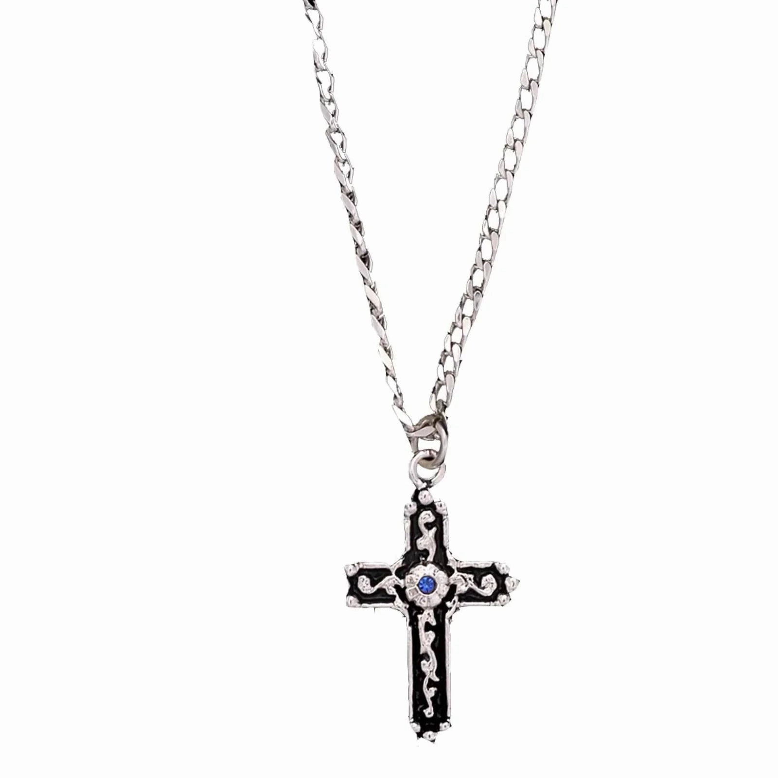 M&F Western Twister Inlay Silver Blue Stone Cross Necklace texture-rose-gold  