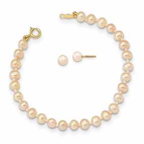 Madi K Kid's 14K  4-5mm Pink FW Cultured Pearl 5.5 Bracelet & Earrings Set suit-set  