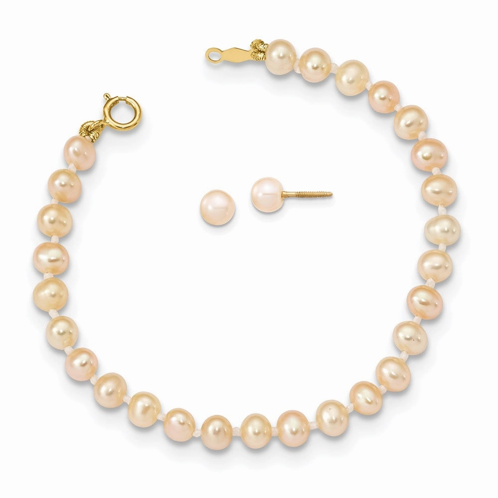 Madi K Kid's 14K  4-5mm Pink FW Cultured Pearl 5.5 Bracelet & Earrings Set suit-set  