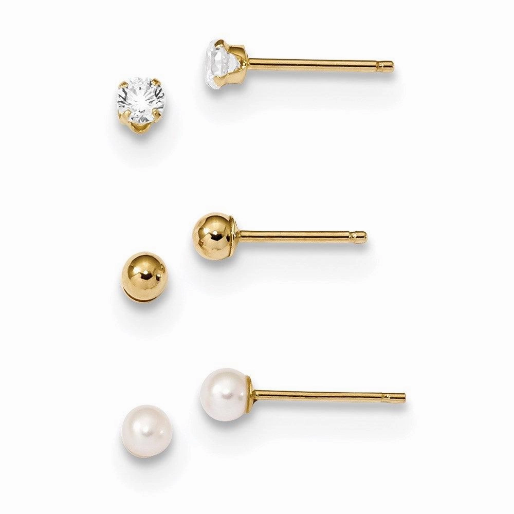 Madi K Kid's 14k  Ball, CZ & Freshwater Cultured Pearl 3 Pair Earring Set suit-set  