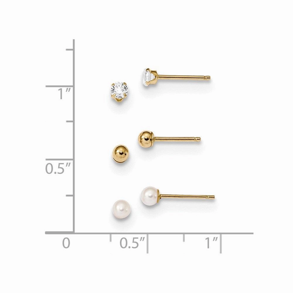 Madi K Kid's 14k  Ball, CZ & Freshwater Cultured Pearl 3 Pair Earring Set