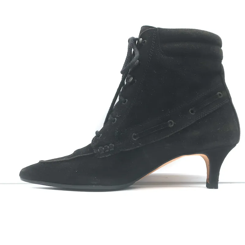 Manolo Blahnik Schnürstiefeletten Schwarz Wildleder Größe 38.5 Spitze Kitten Absatz