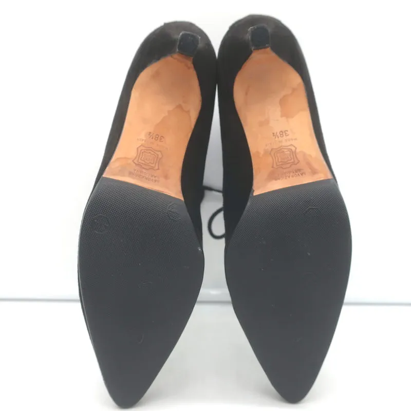 Manolo Blahnik Schnürstiefeletten Schwarz Wildleder Größe 38.5 Spitze Kitten Absatz