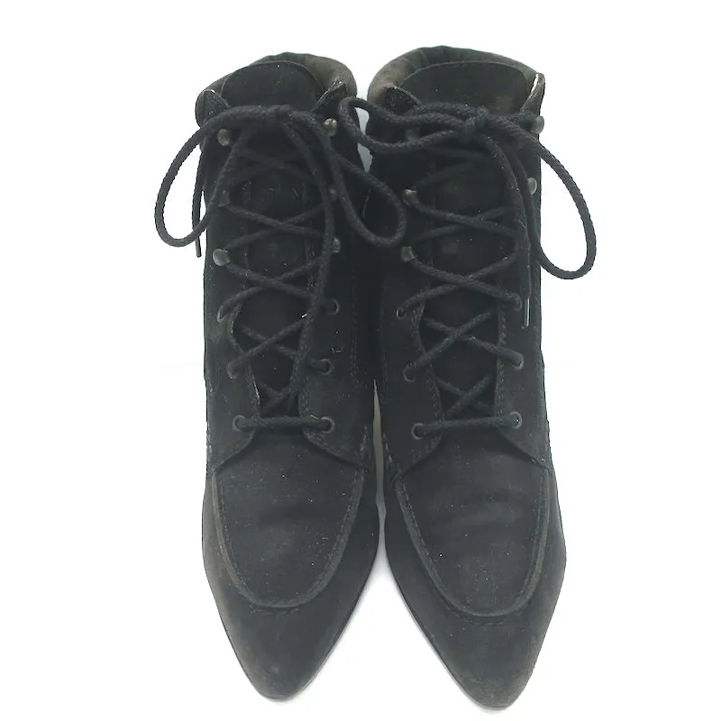 Manolo Blahnik Schnürstiefeletten Schwarz Wildleder Größe 38.5 Spitze Kitten Absatz