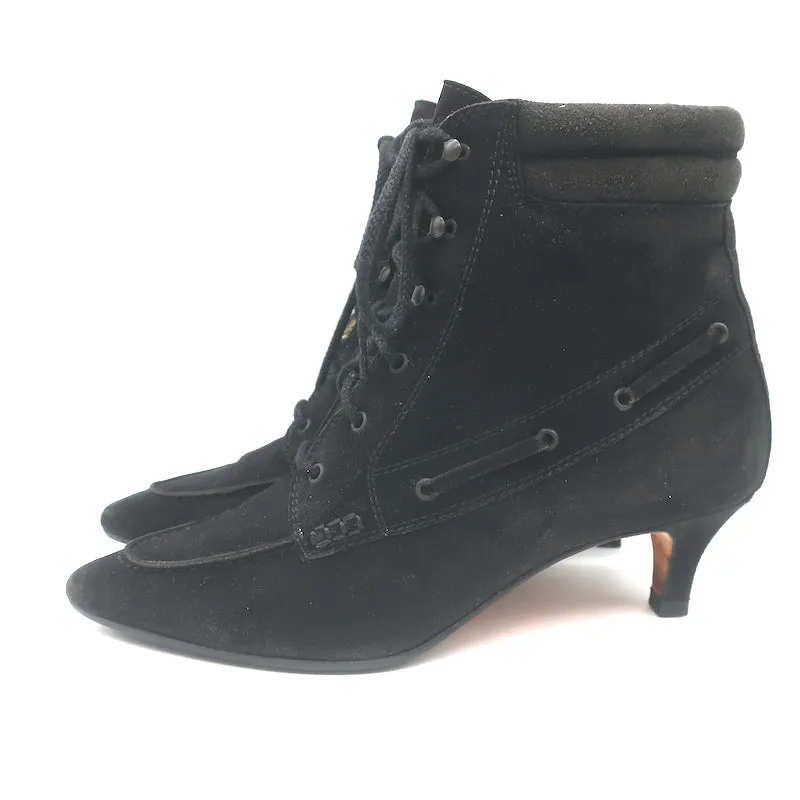 Manolo Blahnik Schnürstiefeletten Schwarz Wildleder Größe 38.5 Spitze Kitten Absatz
