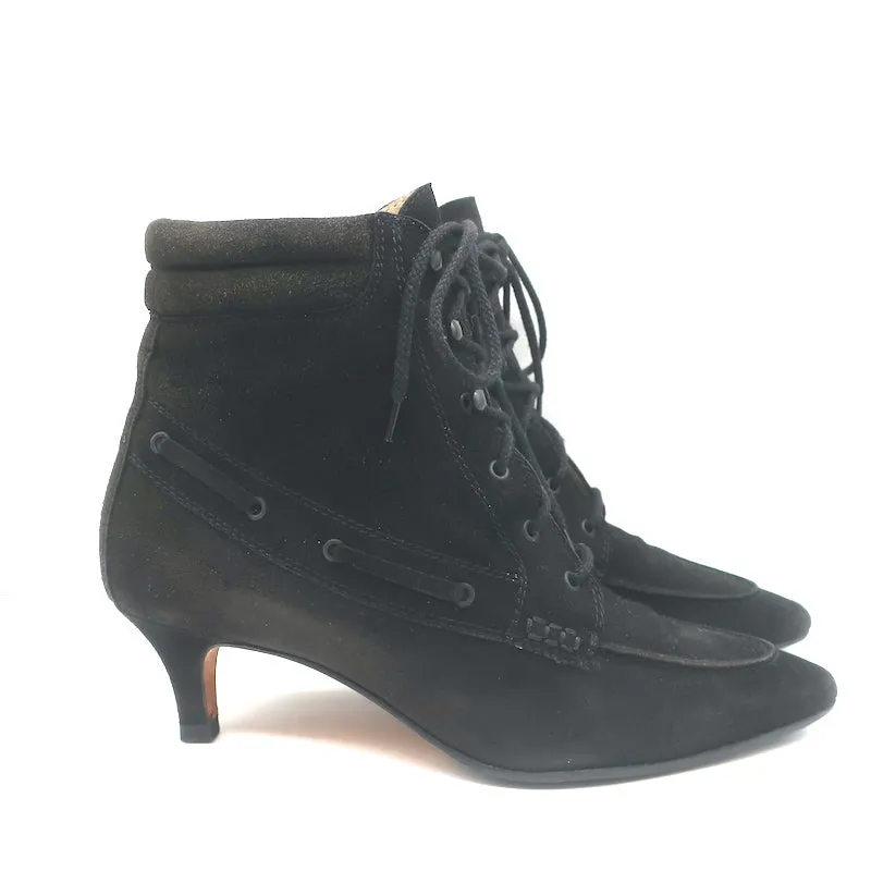 Manolo Blahnik Schnürstiefeletten Schwarz Wildleder Größe 38.5 Spitze Kitten Absatz