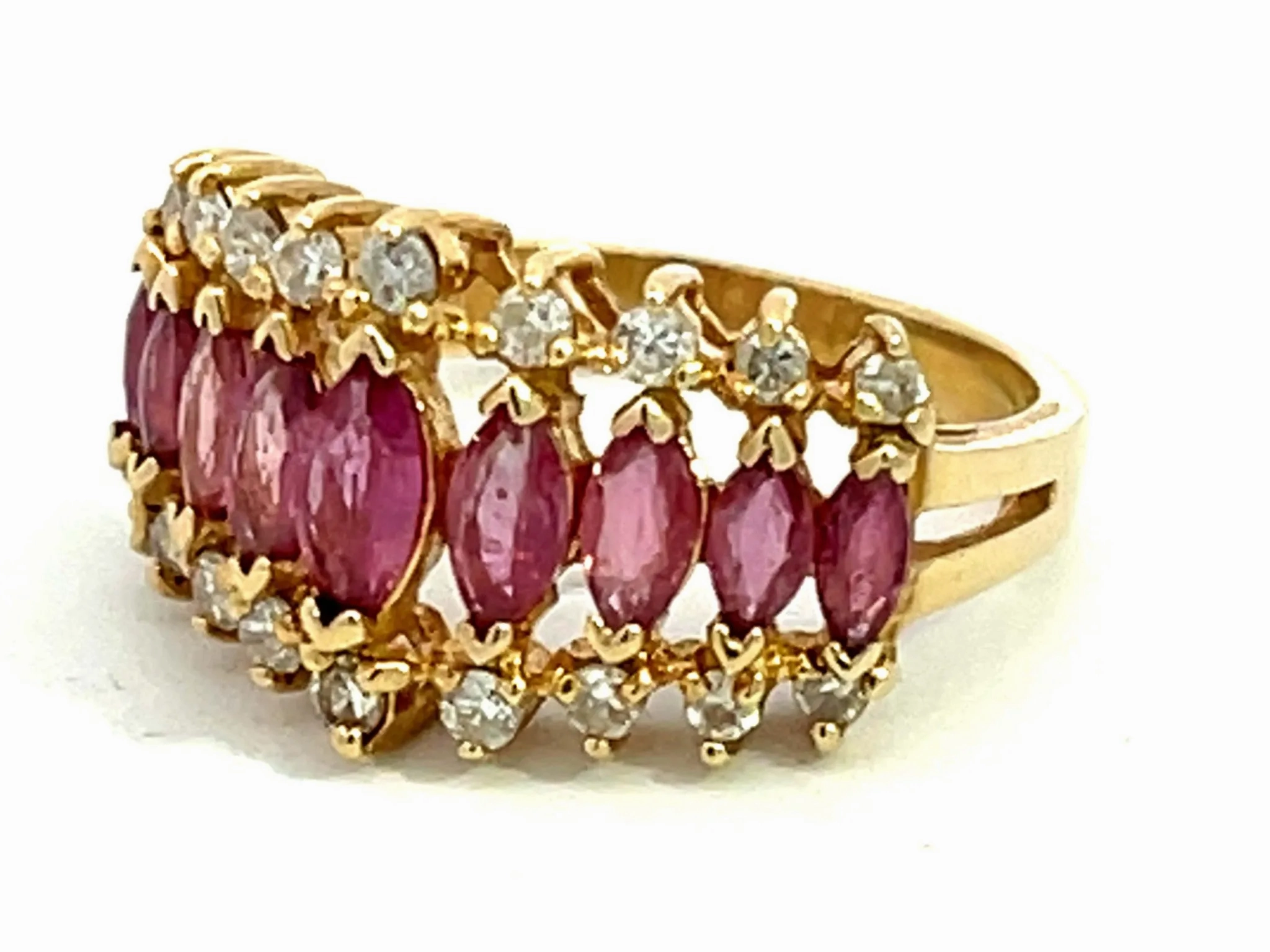 Marquise Ruby and Diamond Border Triple Row Ring in 14k Yellow Gold