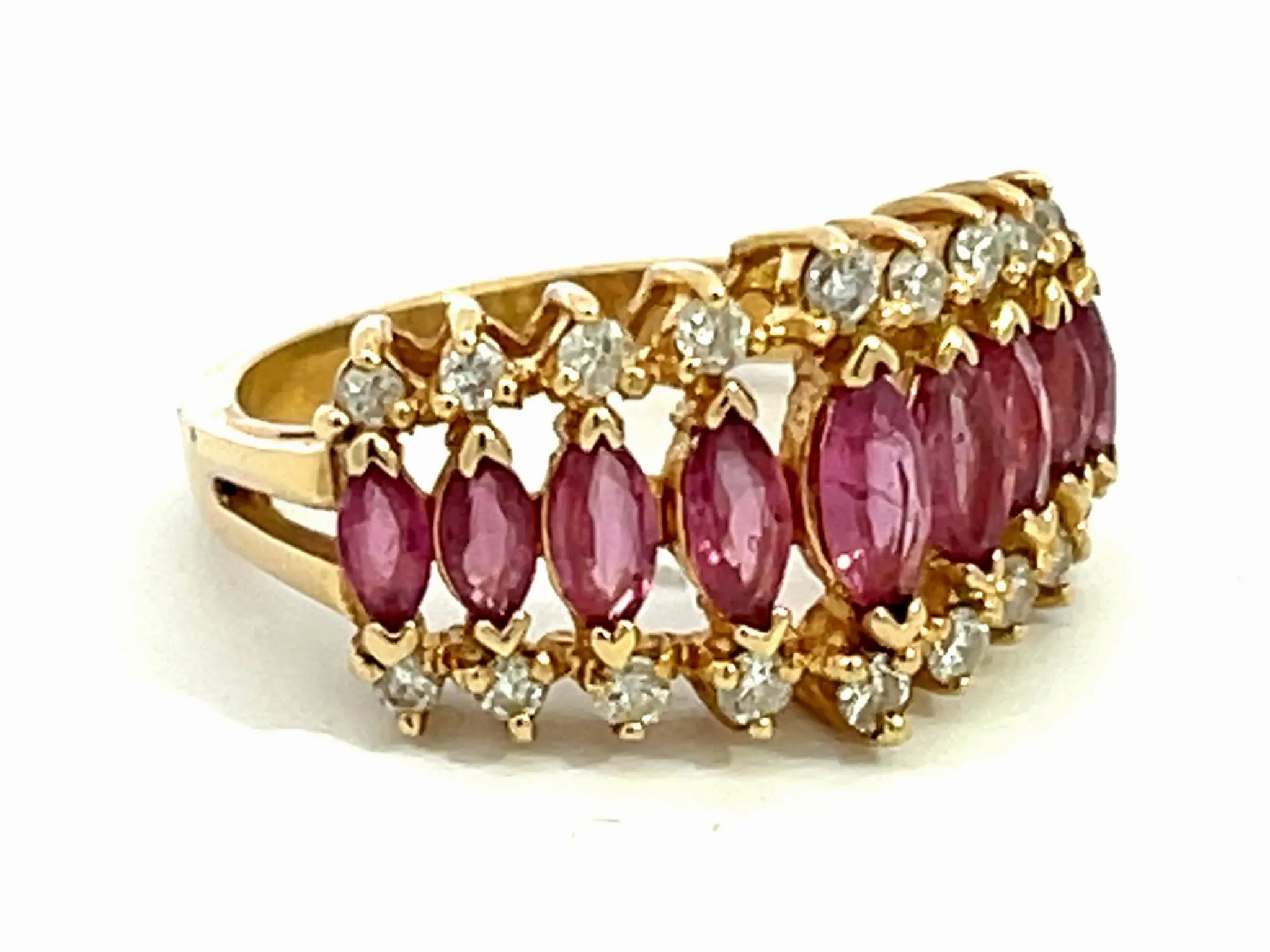 Marquise Ruby and Diamond Border Triple Row Ring in 14k Yellow Gold