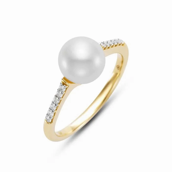 Mastoloni 8-8.5mm Freshwater Cultured Pearl Ring with Diamonds in 14K Yellow Gold