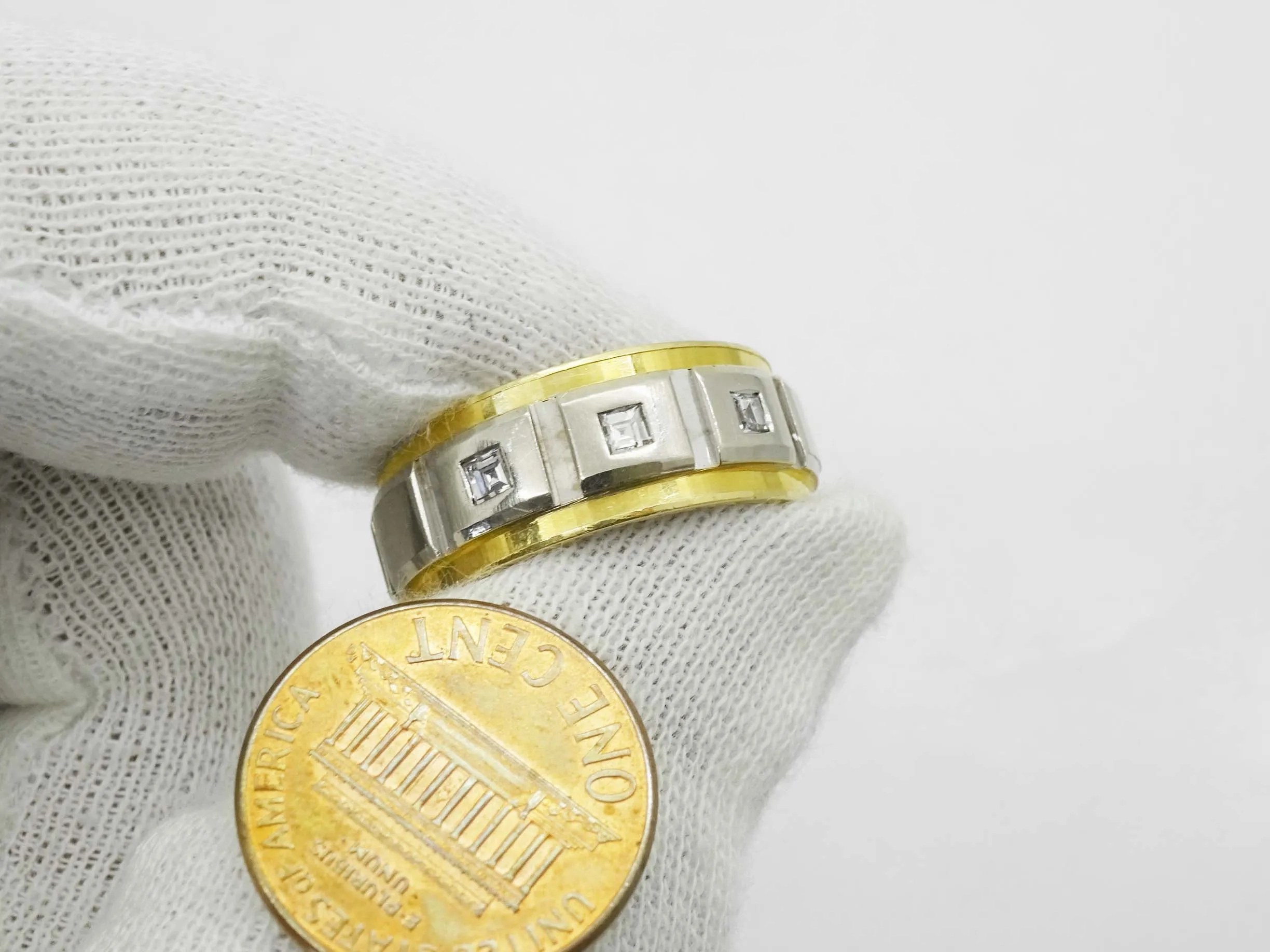 Men's 3-Stone Square Diamond Panel Design Band Ring 14k Two-Tone Gold Size 9.75