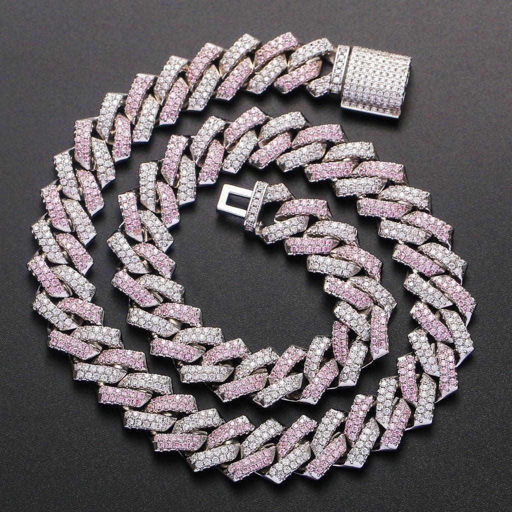 Men's Hip Hop Personality Cuban Necklace Pink Zircon 