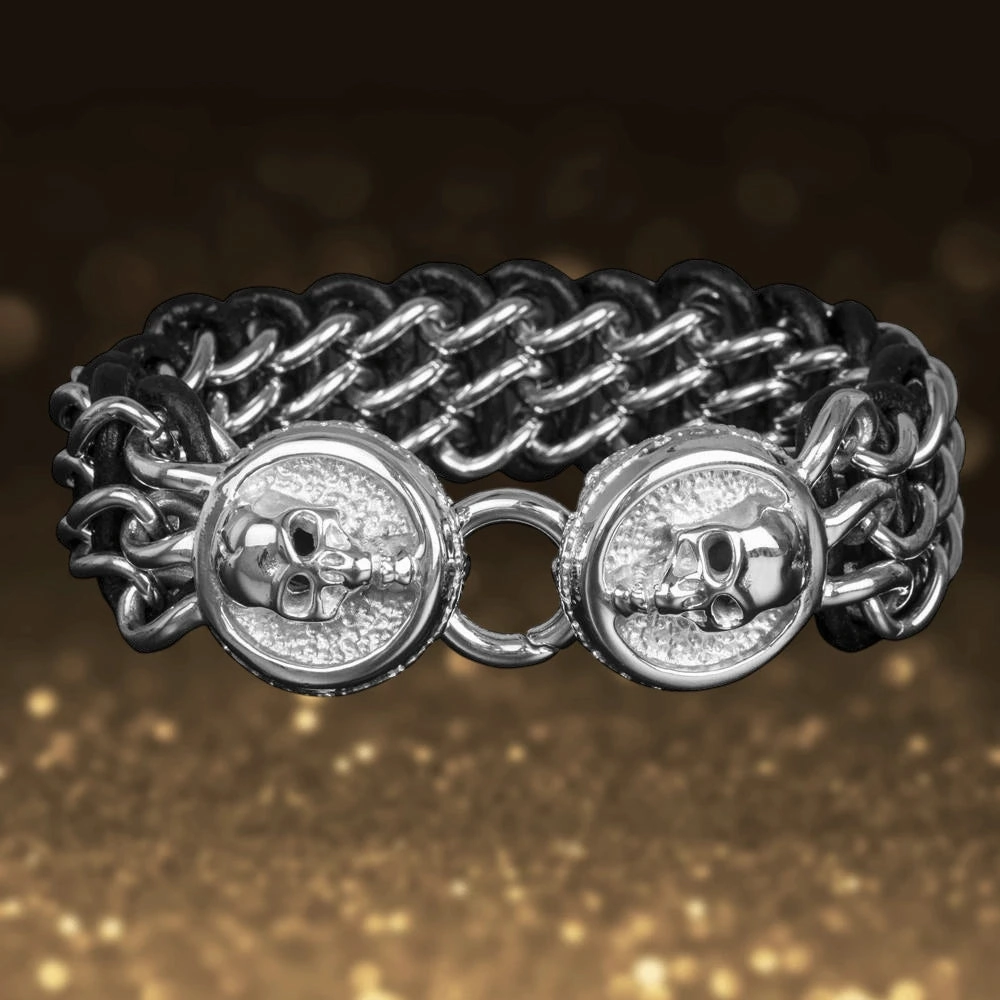 Men's Leather Steel Skull Bracelet