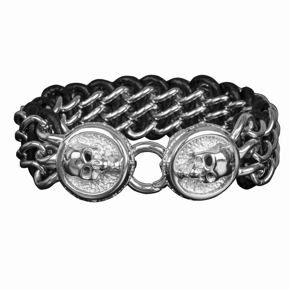 Men's Leather Steel Skull Bracelet 