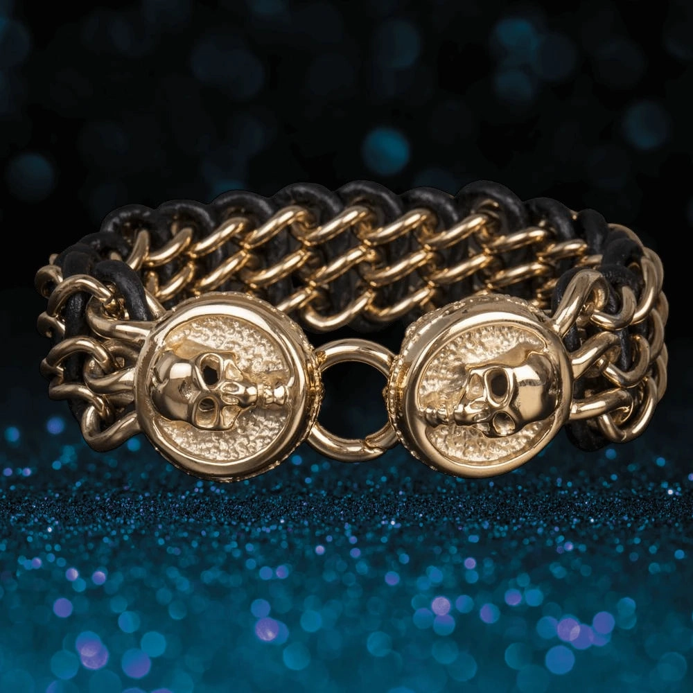 Men's Leather Yellow Gold Skull Bracelet