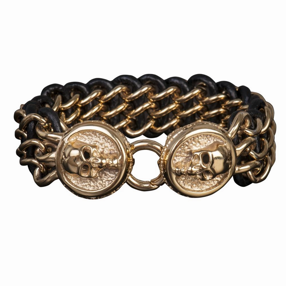 Men's Leather Yellow Gold Skull Bracelet 