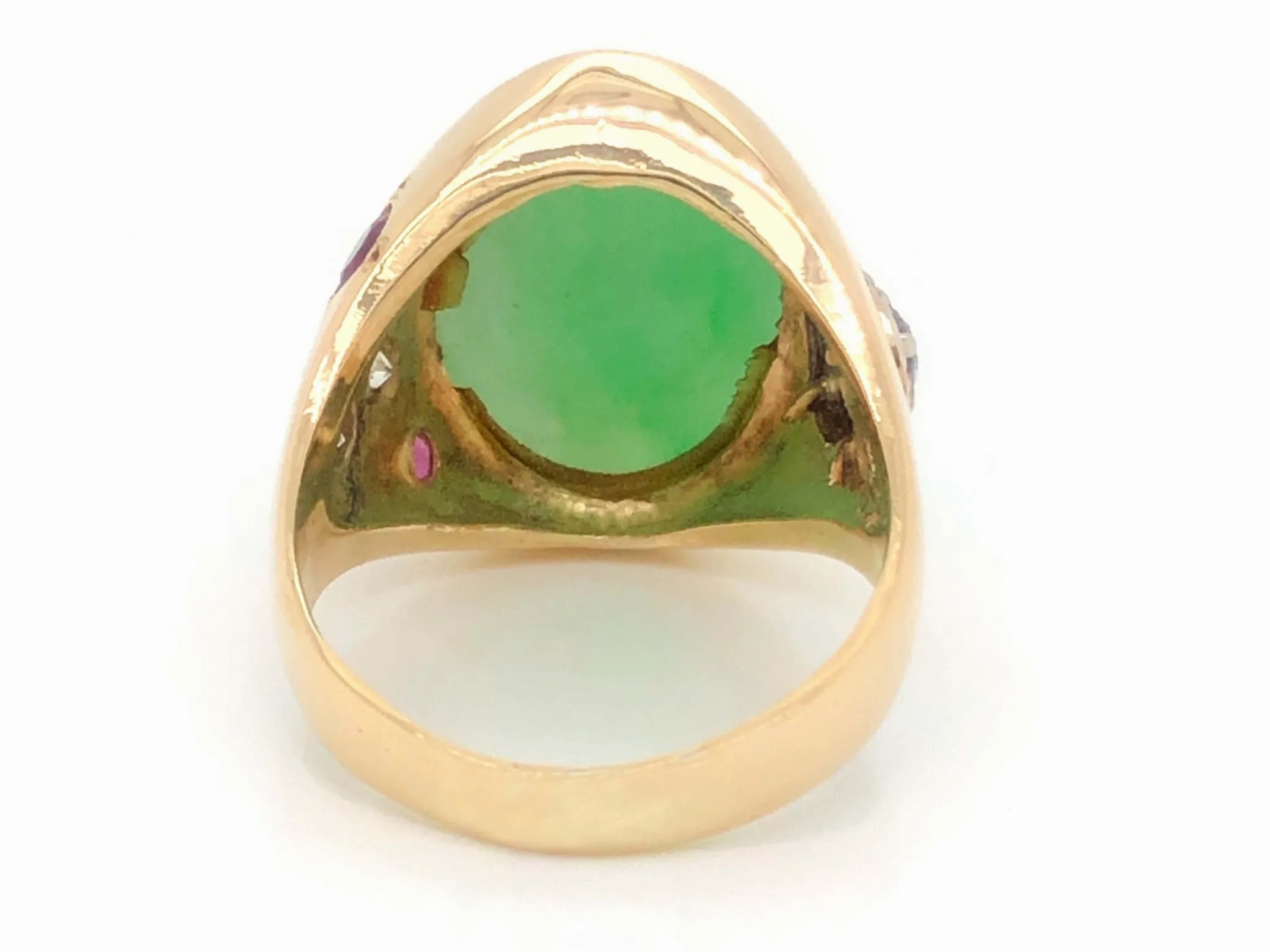 Men's Oval Pale Mottled Green Jade, Diamond and Ruby Ring - 14k Yellow Gold