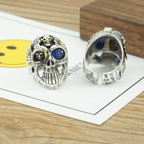 Men's Personality Sterling Silver Graffiti Skull Ring 