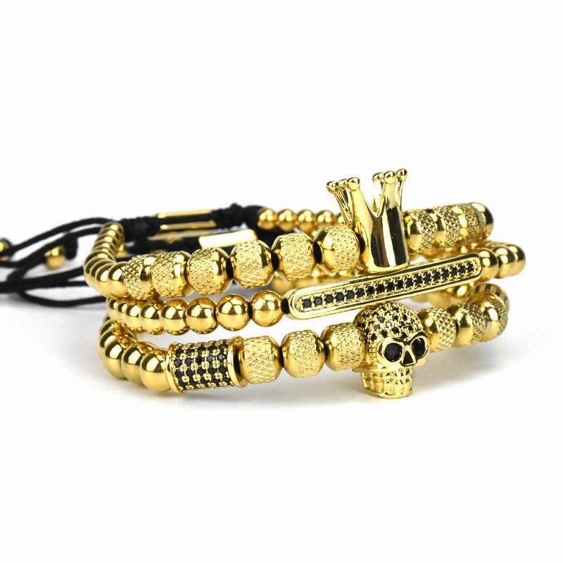 Men's Retro Crown Ghost Head Braided Stainless Steel Skull Bracelet Set