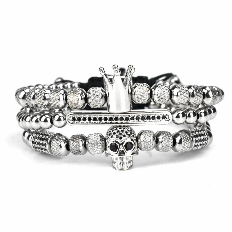 Men's Retro Crown Ghost Head Braided Stainless Steel Skull Bracelet Set 