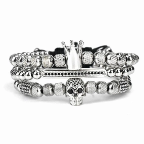Men's Retro Crown Ghost Head Braided Stainless Steel Skull Bracelet Set 
