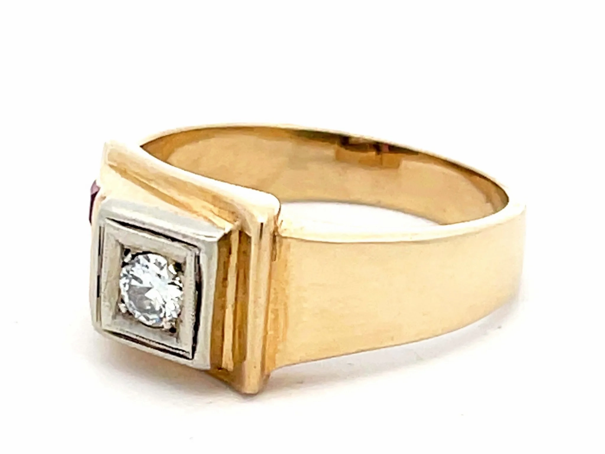 Mens Vintage Ruby and Diamond Retro Ring in 14k Yellow Gold