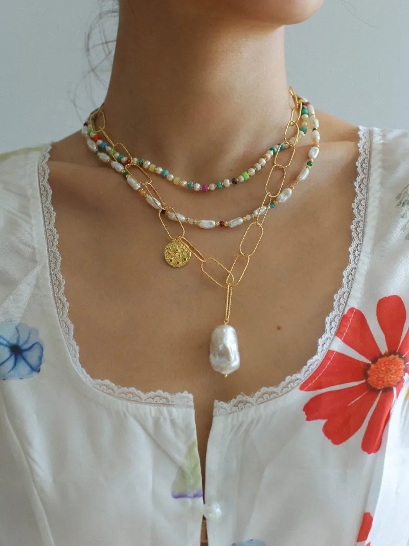 Metal Thick Chain Baroque Pearl Pendant Necklace