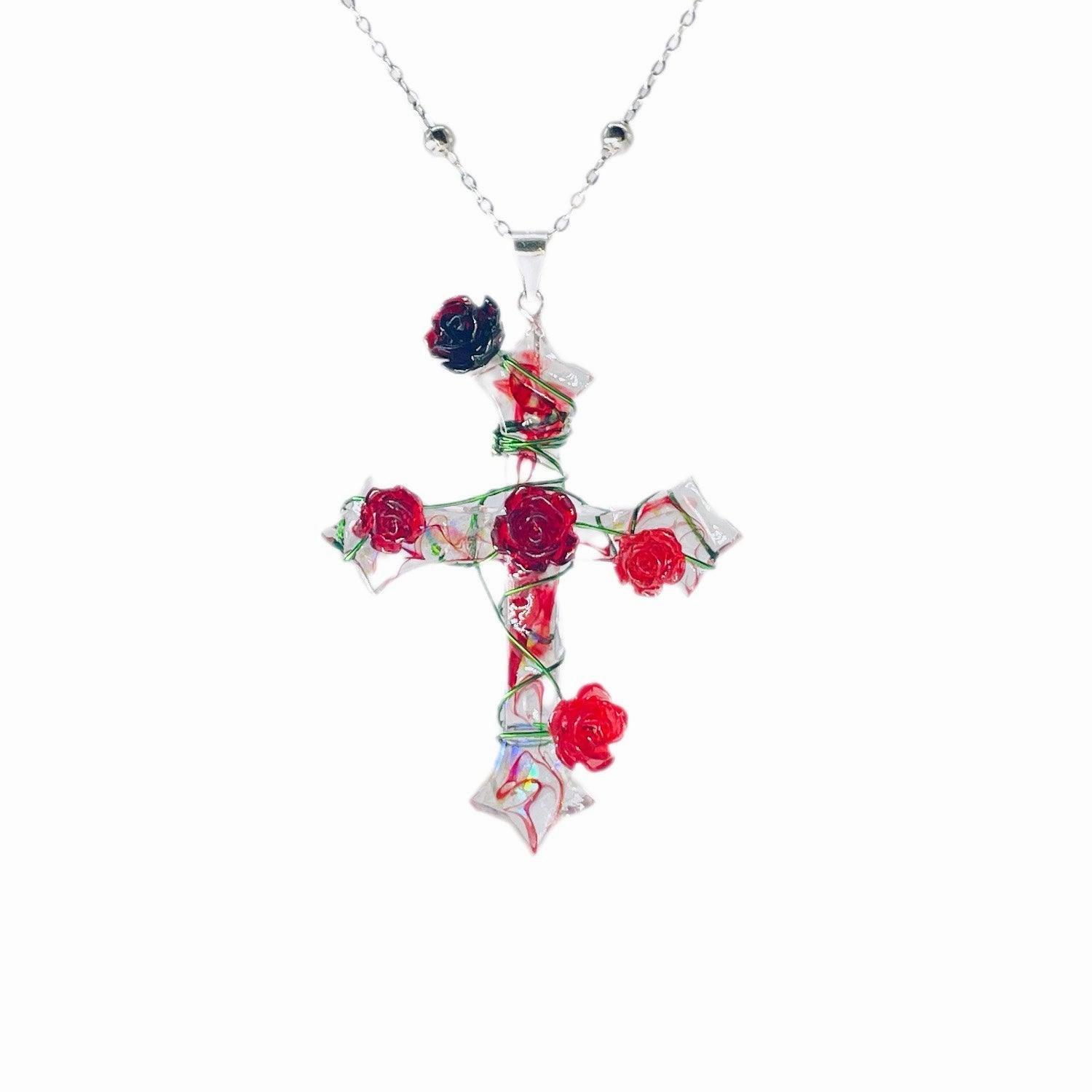 Miaoke Handmade S925 Sterling Silver Cross Necklace Rose Pendant