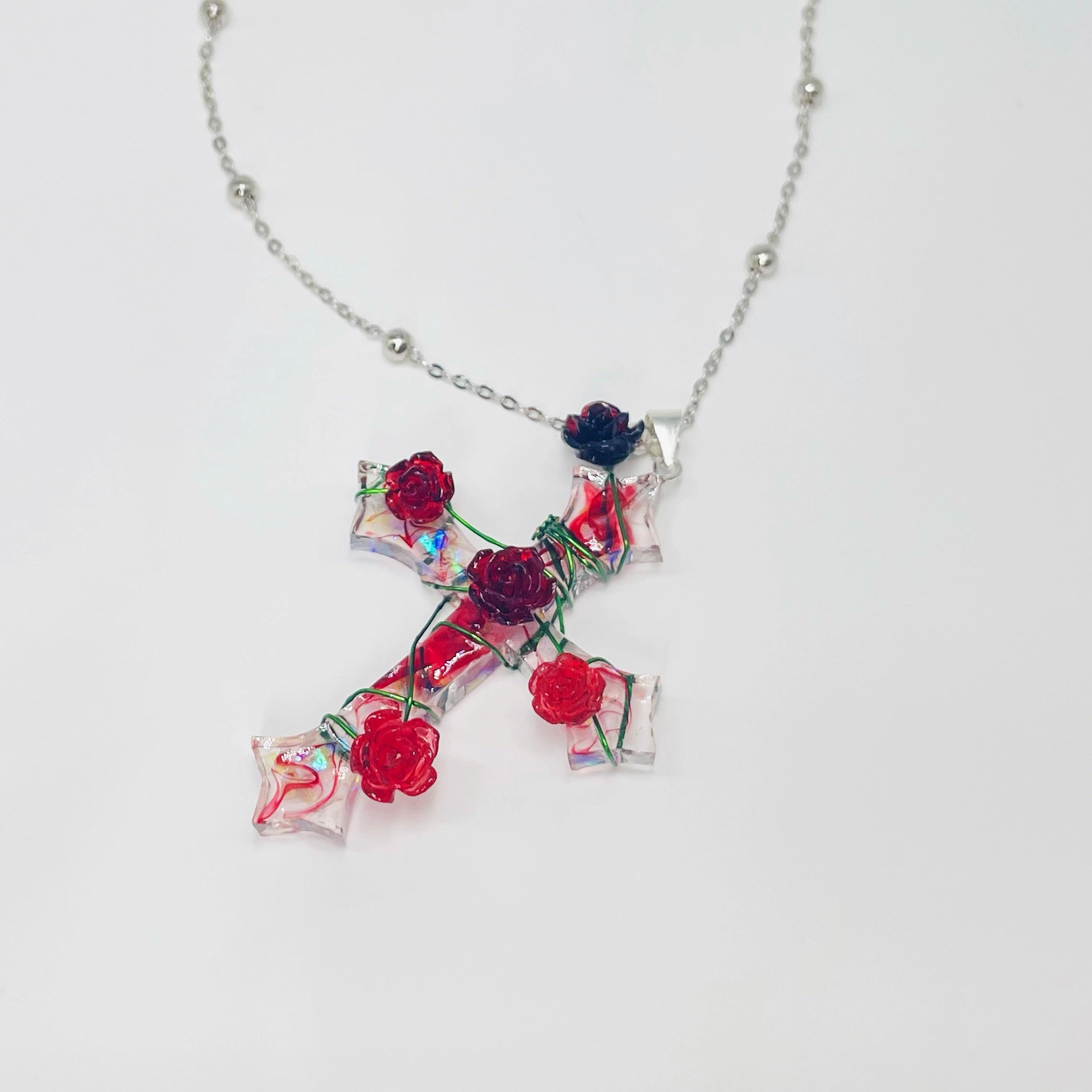 Miaoke Handmade S925 Sterling Silver Cross Necklace Rose Pendant