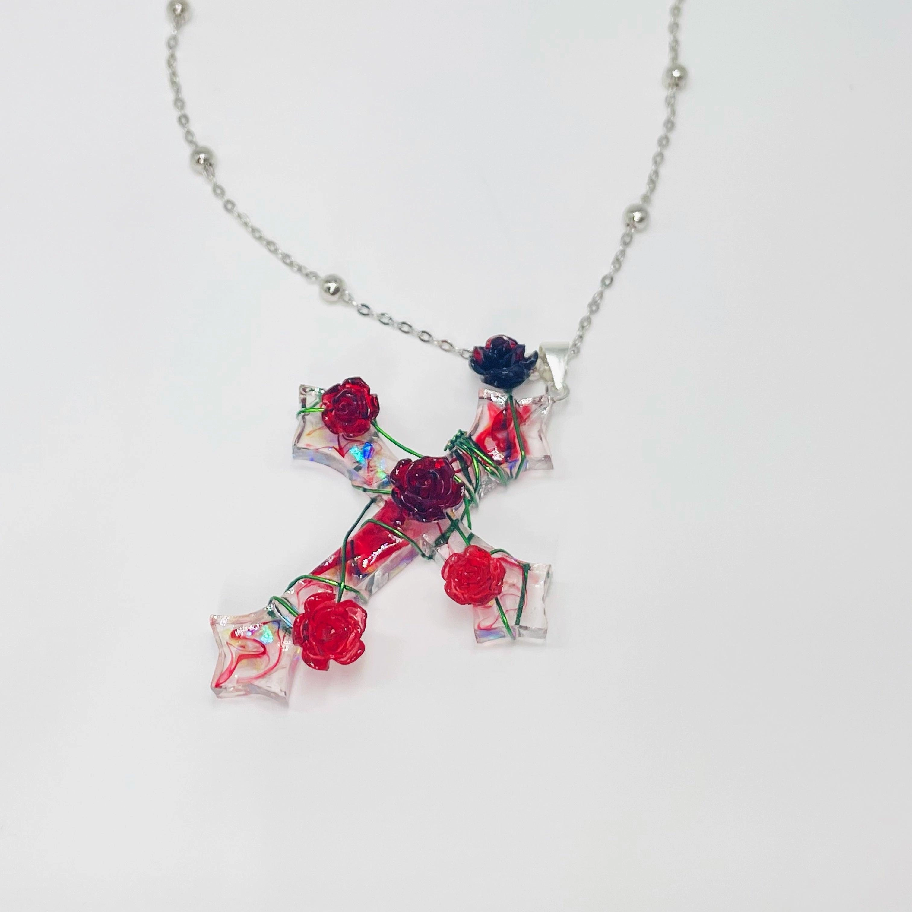 Miaoke Handmade S925 Sterling Silver Cross Necklace Rose Pendant