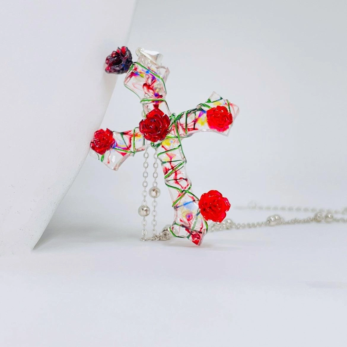 Miaoke Handmade S925 Sterling Silver Cross Necklace Rose Pendant 