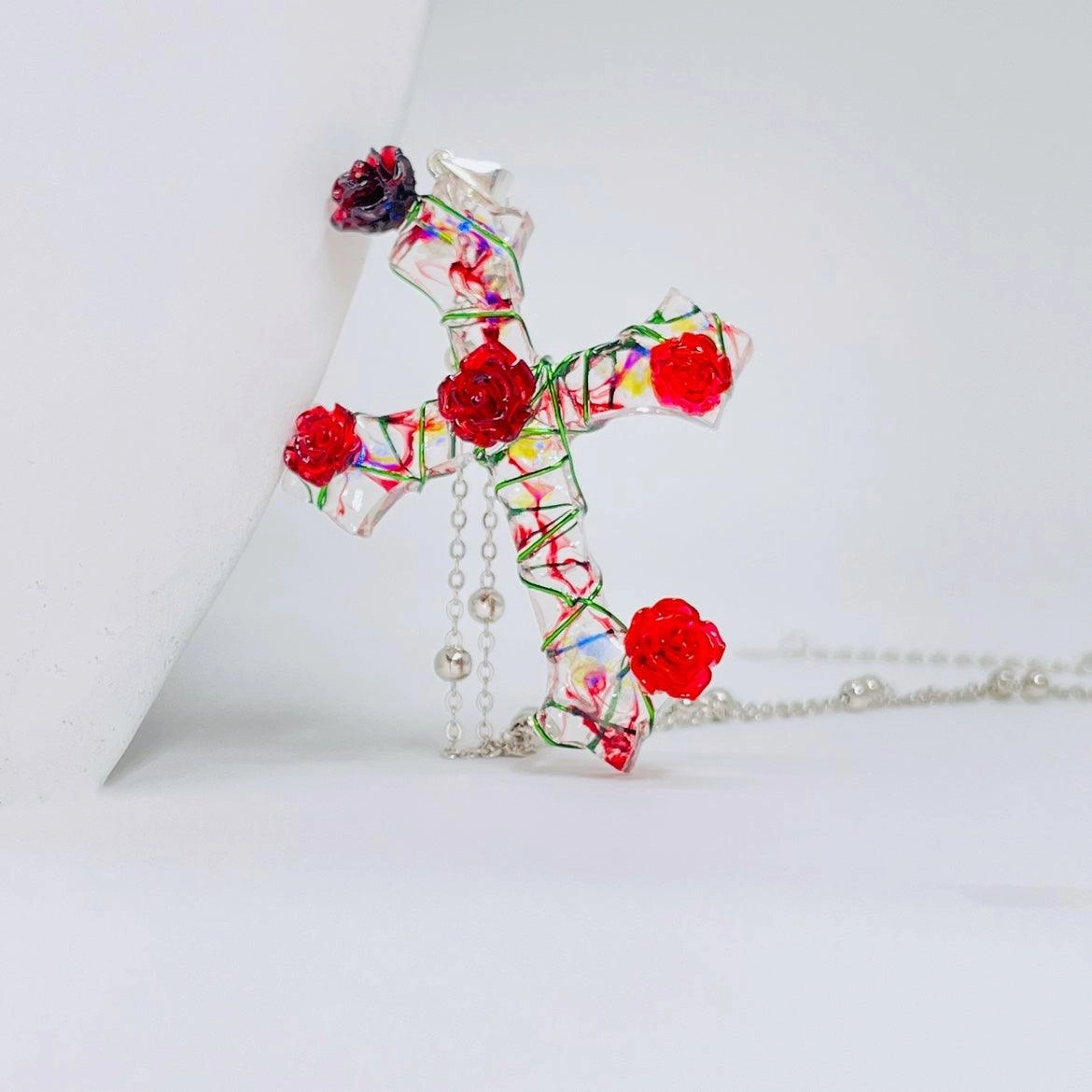 Miaoke Handmade S925 Sterling Silver Cross Necklace Rose Pendant 