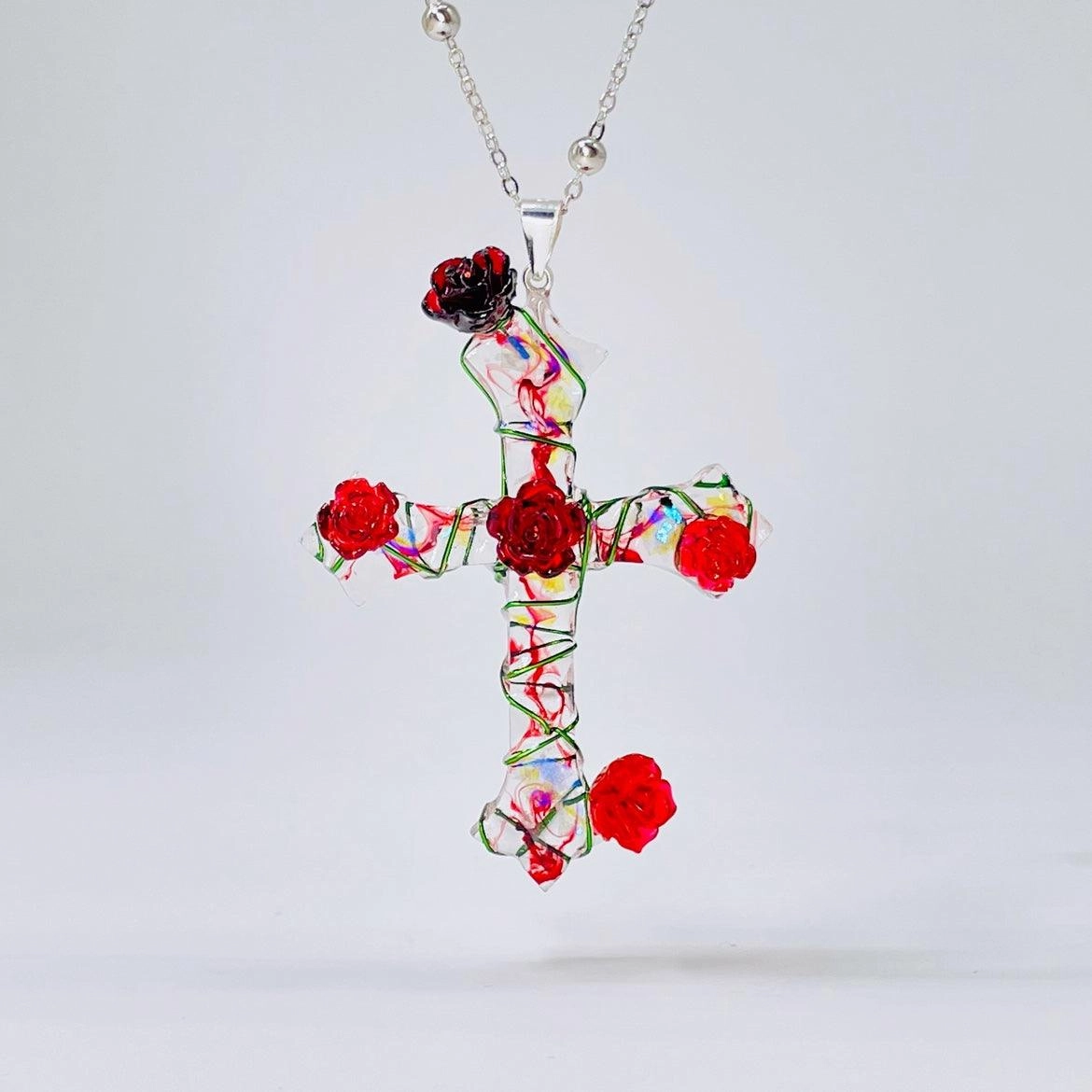 Miaoke Handmade S925 Sterling Silver Cross Necklace Rose Pendant