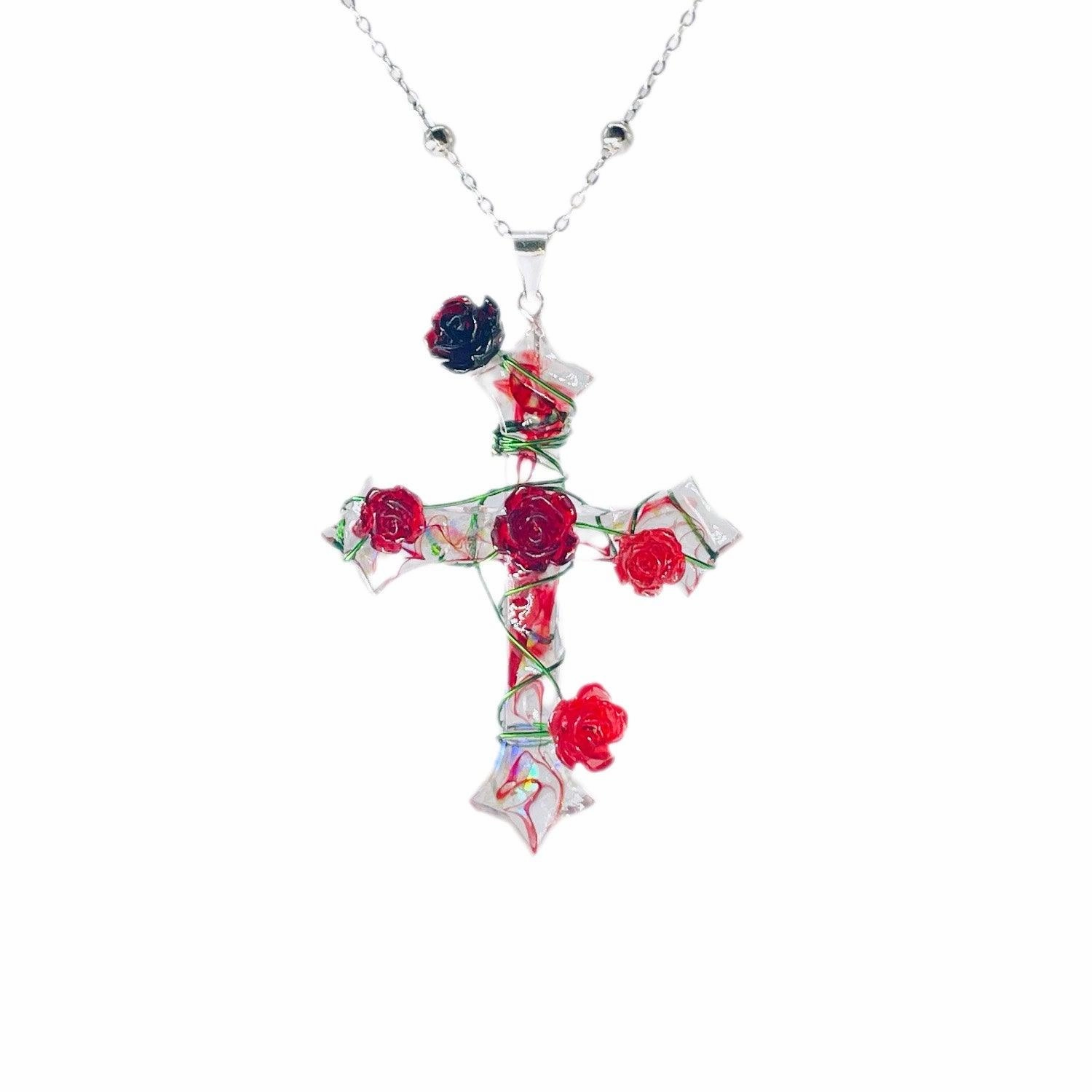 Miaoke Handmade S925 Sterling Silver Cross Necklace Rose Pendant