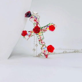 Miaoke Handmade S925 Sterling Silver Cross Necklace Rose Pendant 
