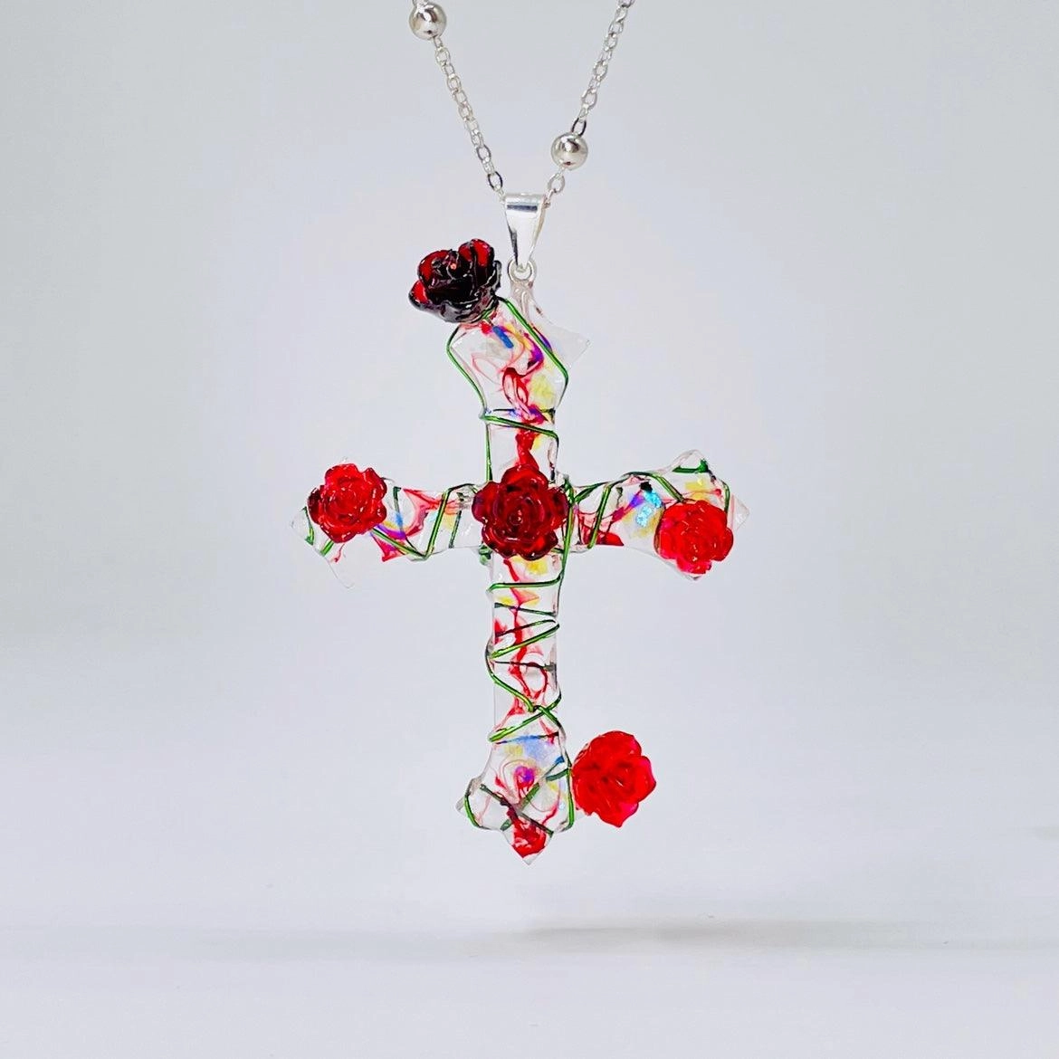 Miaoke Handmade S925 Sterling Silver Cross Necklace Rose Pendant