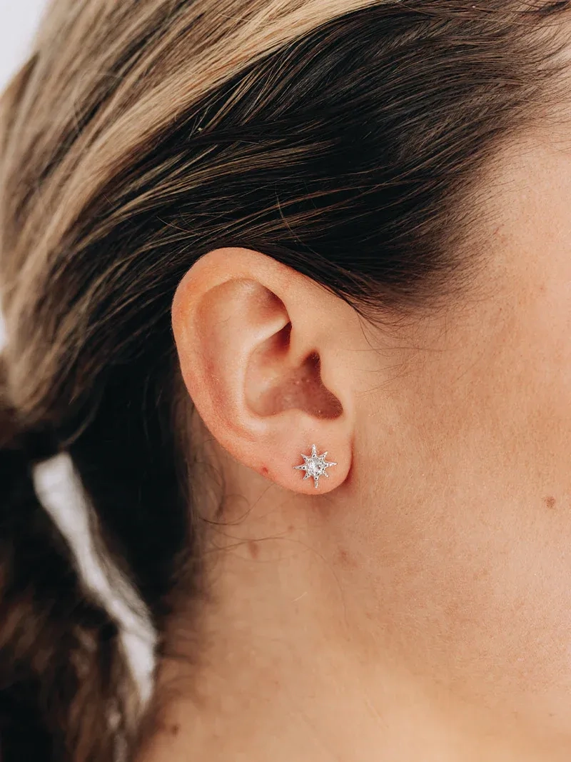 Micro Aztec Starburst Studs - Swiss Blue Topaz &amp; Silver