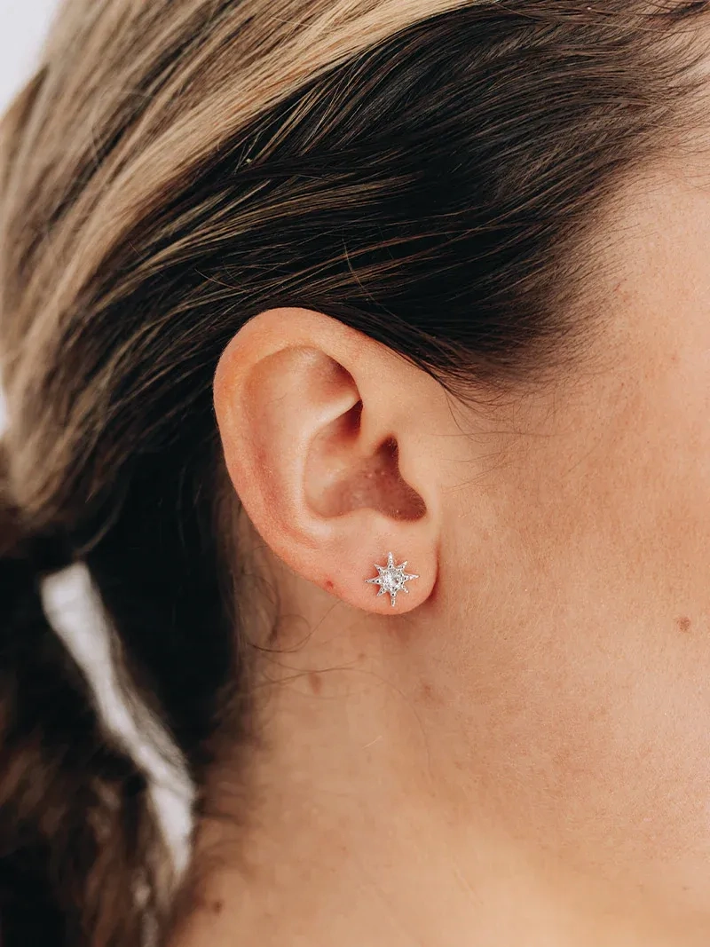 Micro Aztec Starburst Studs - Swiss Blue Topaz &amp; Silver