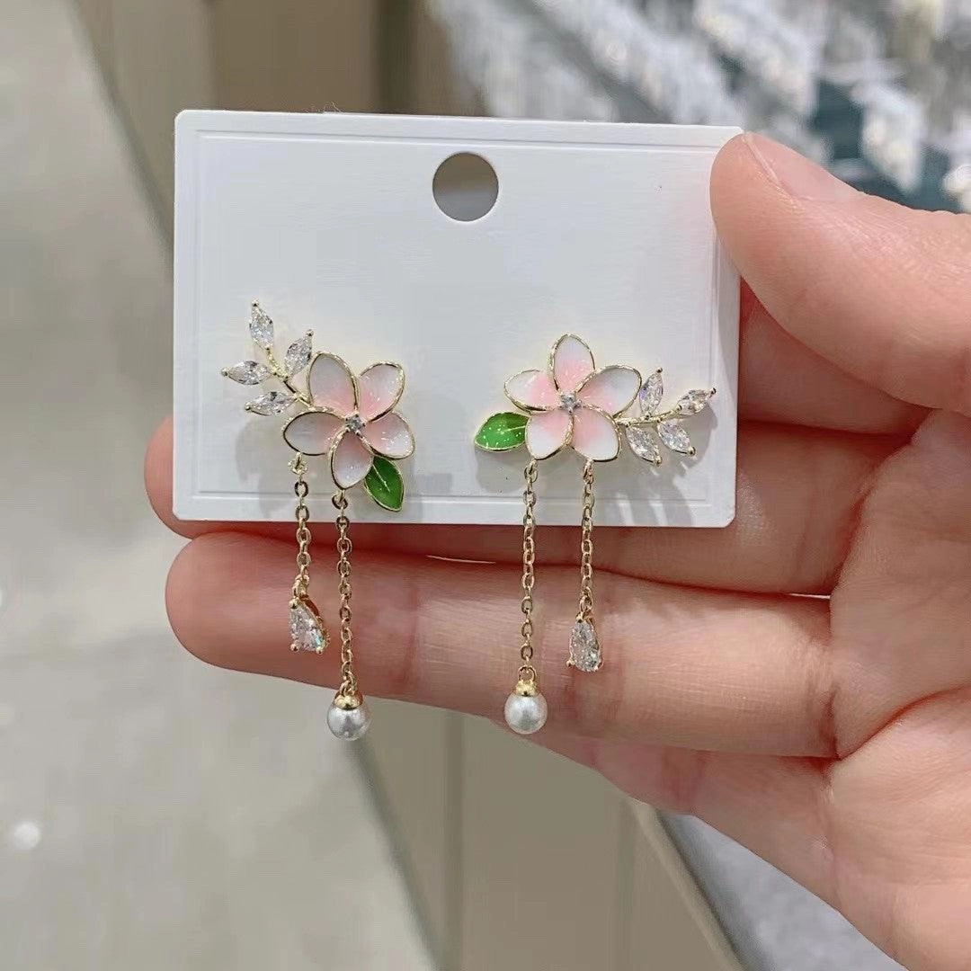 Micro Set Zircon Flower Long Pearl Tassel Earrings