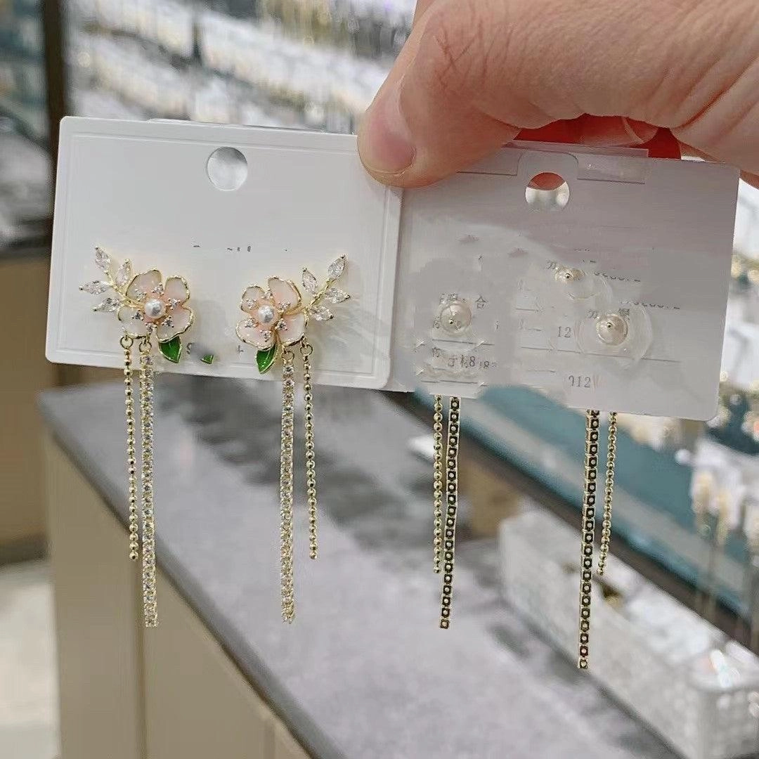 Micro Set Zircon Flower Long Pearl Tassel Earrings