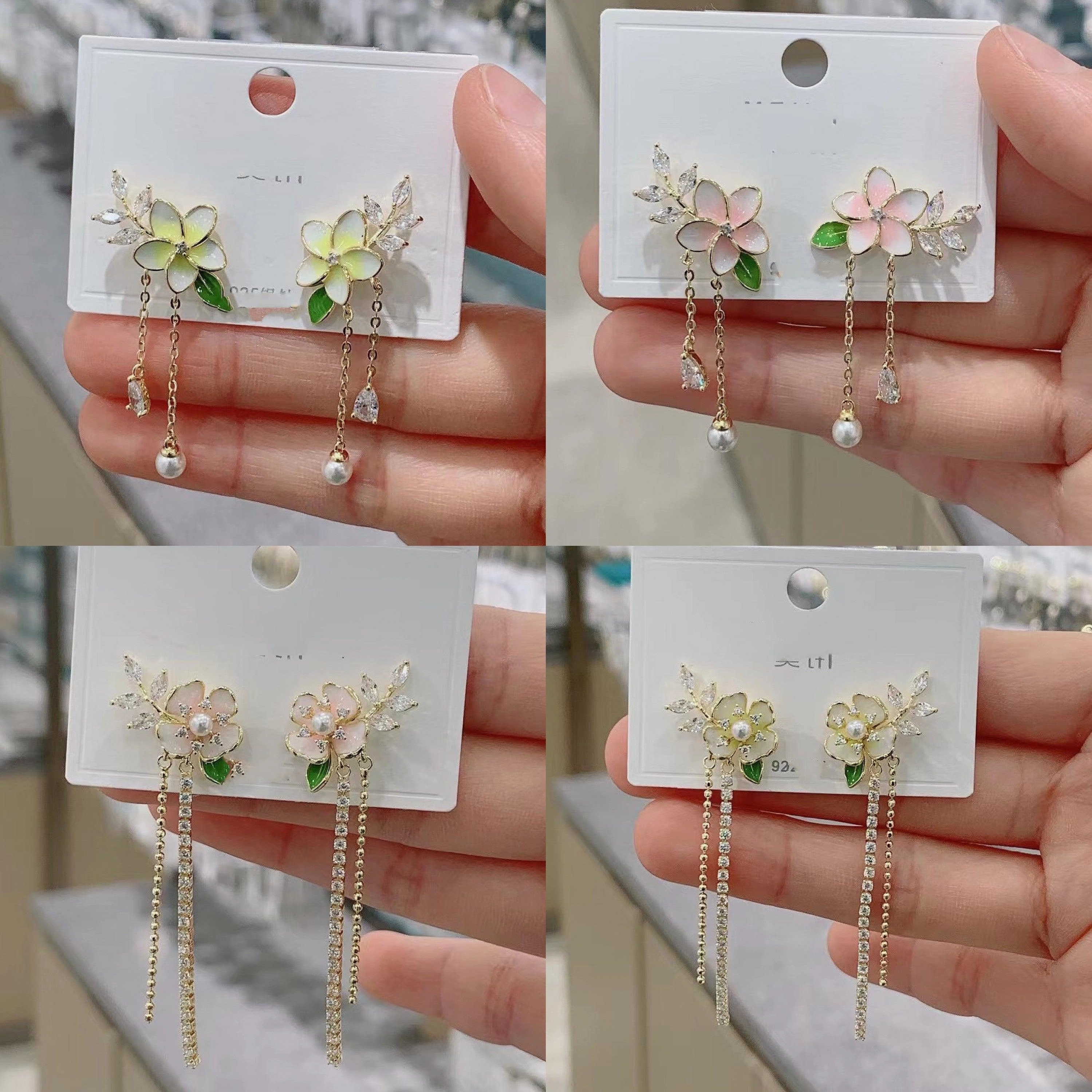 Micro Set Zircon Flower Long Pearl Tassel Earrings