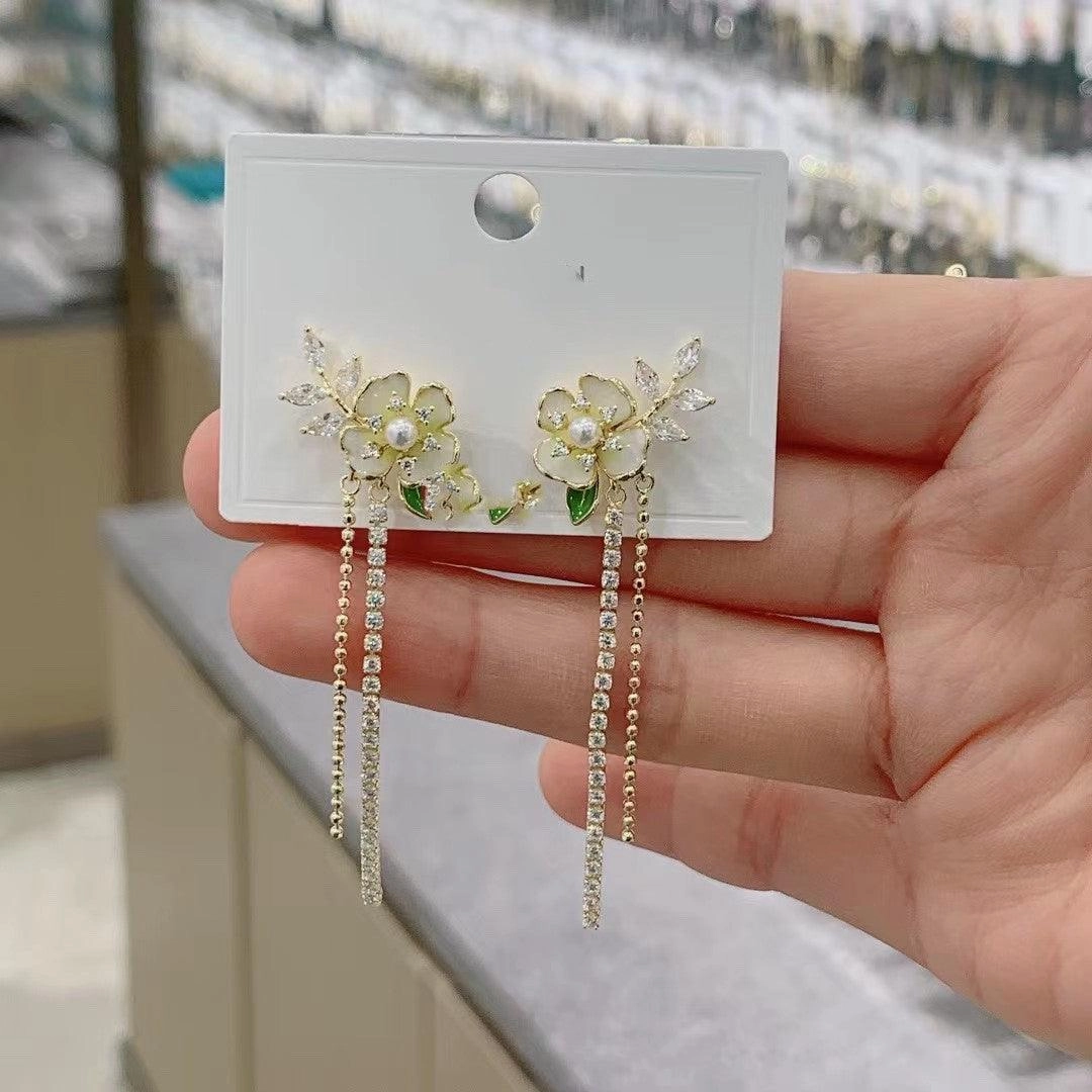 Micro Set Zircon Flower Long Pearl Tassel Earrings