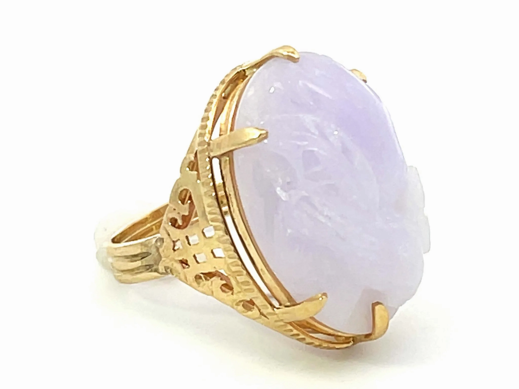Mings Bird and Flower Carved Lavender Jade Ring 14k Yellow Gold