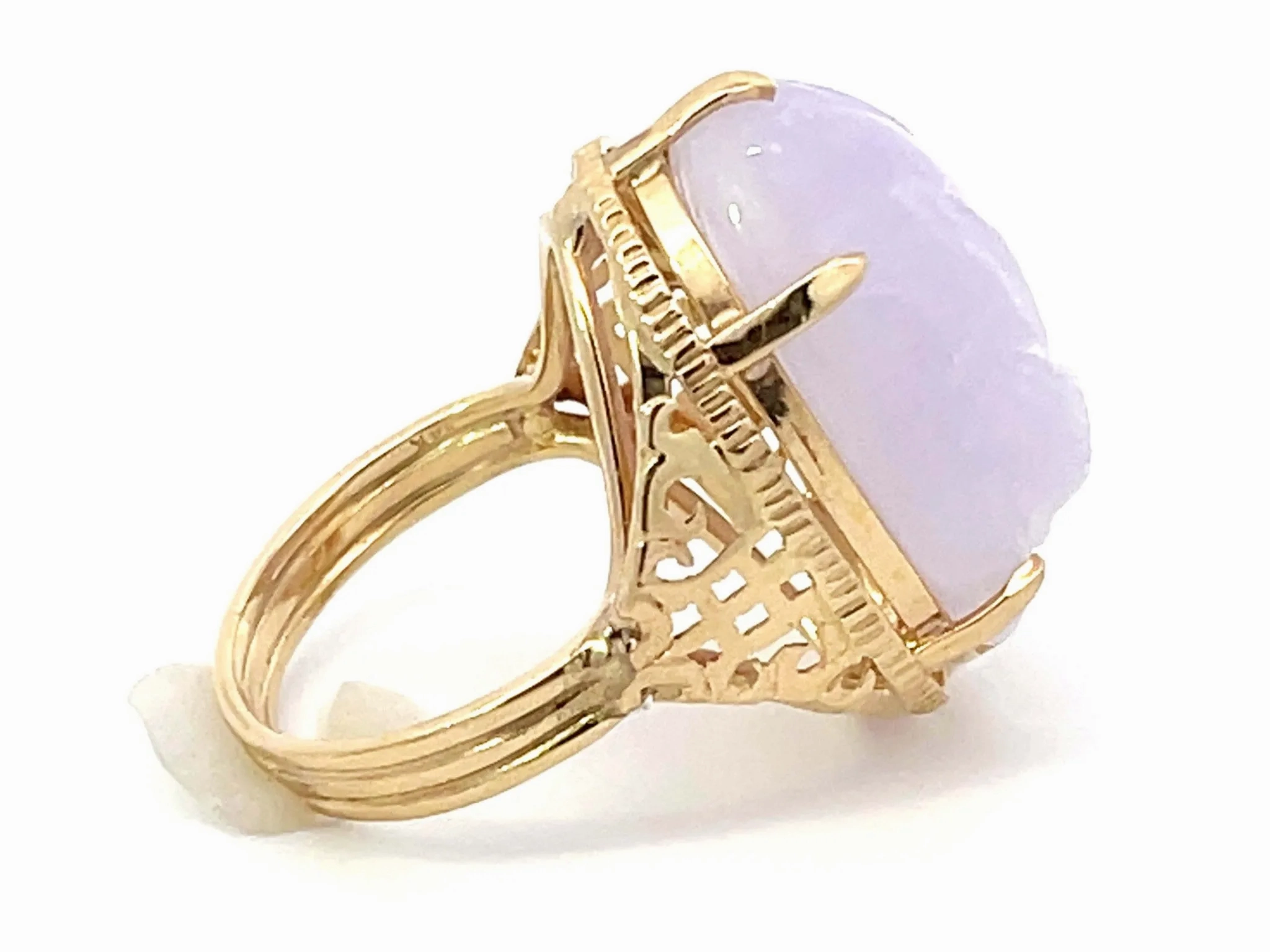 Mings Bird and Flower Carved Lavender Jade Ring 14k Yellow Gold